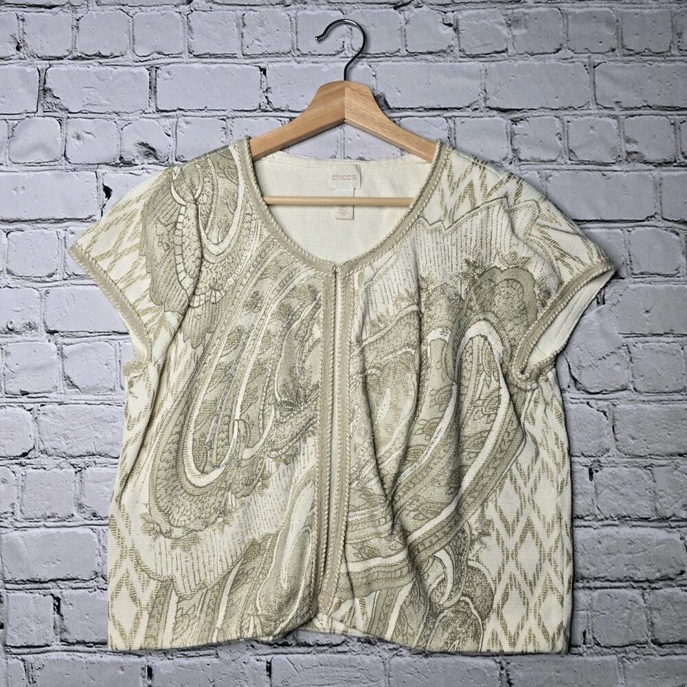 Chicos 100% Cotton Stitch Embroidered Metallic Cream Hook Eye Neck Cardigan Sz 2